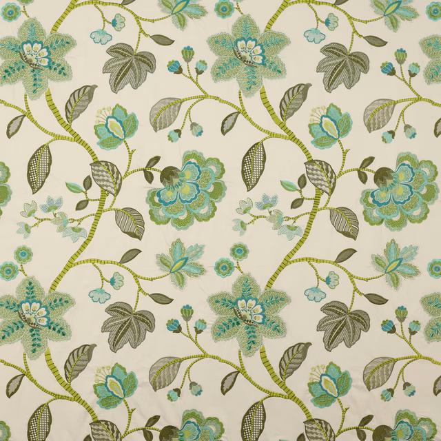 Turquoise and sage floral trailing fabric on an ivory ground with embroidered-look leaves