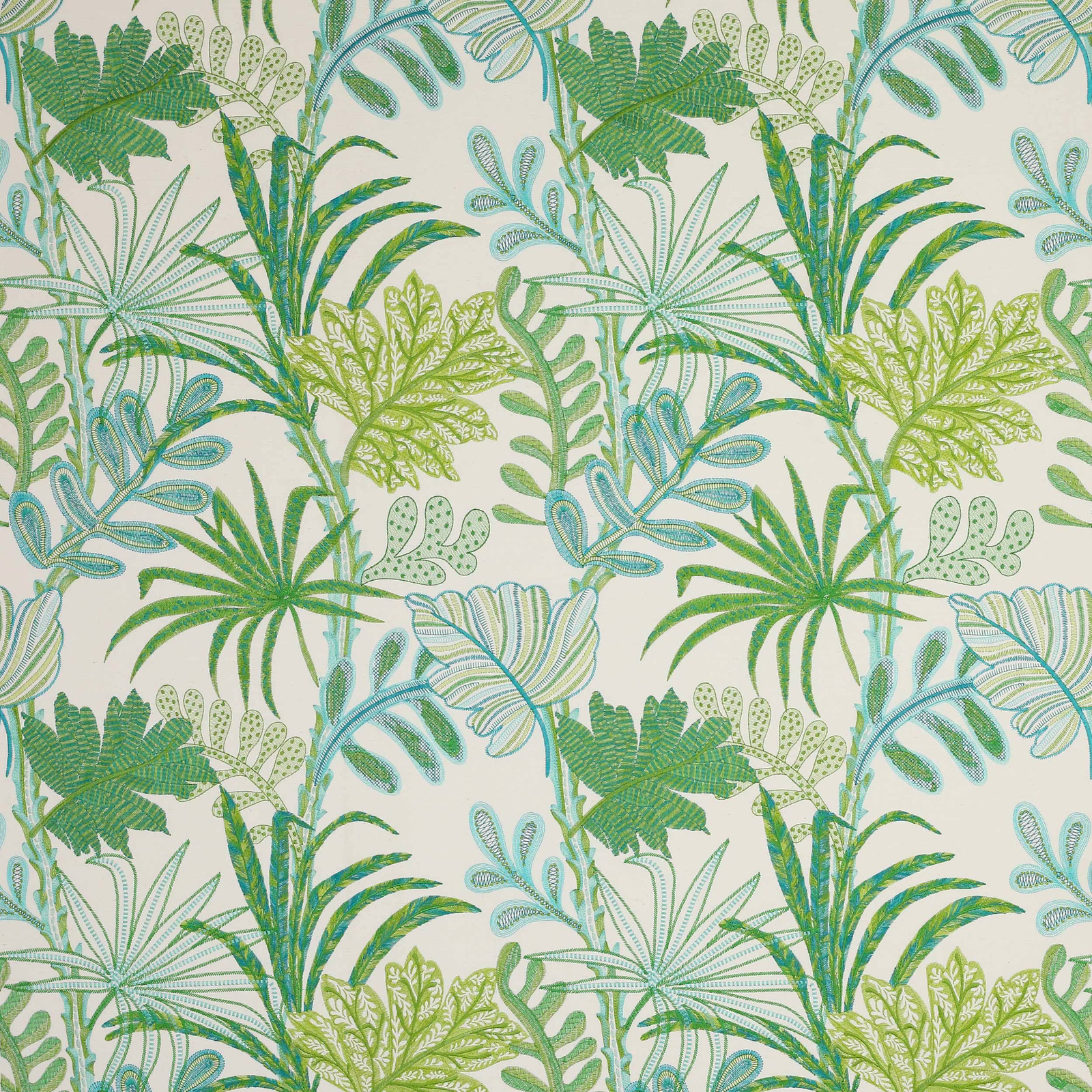 Tropical leaf pattern in turquoise and green on a cream ground