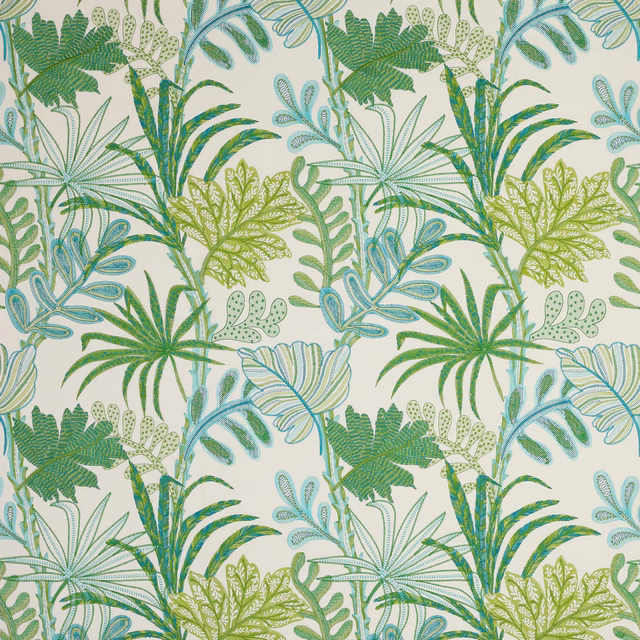Tropical leaf pattern in turquoise and green on a cream ground