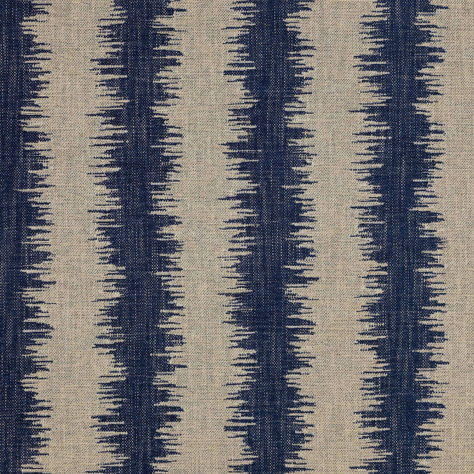 Blue ikat-style vertical stripes on a beige textured woven fabric swatch