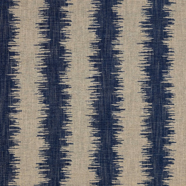 Blue ikat-style vertical stripes on a beige textured woven fabric swatch
