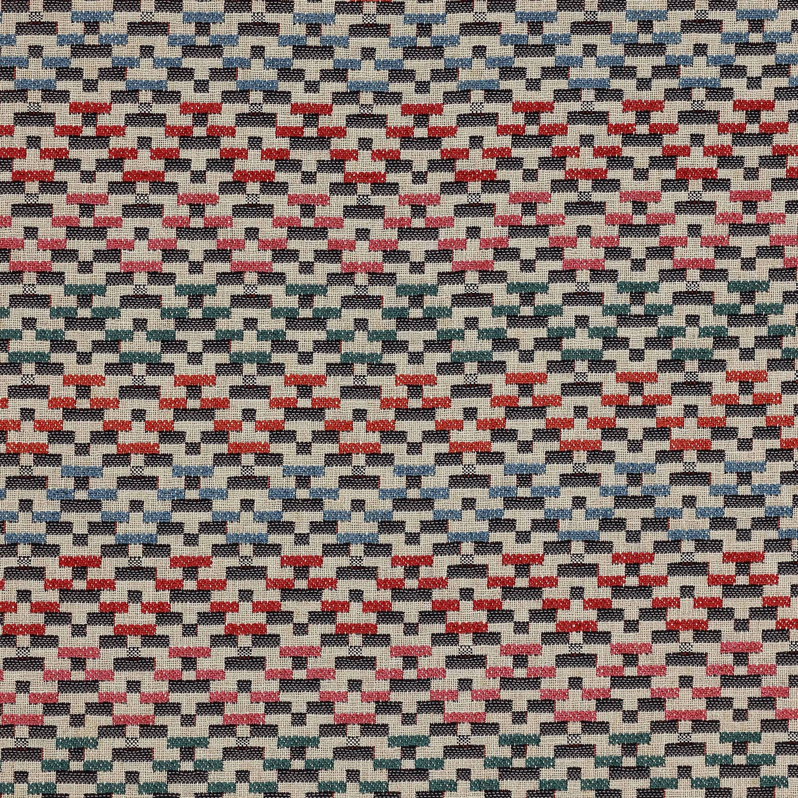 Small geometric woven fabric in red, blue, teal and charcoal on a pale ground
