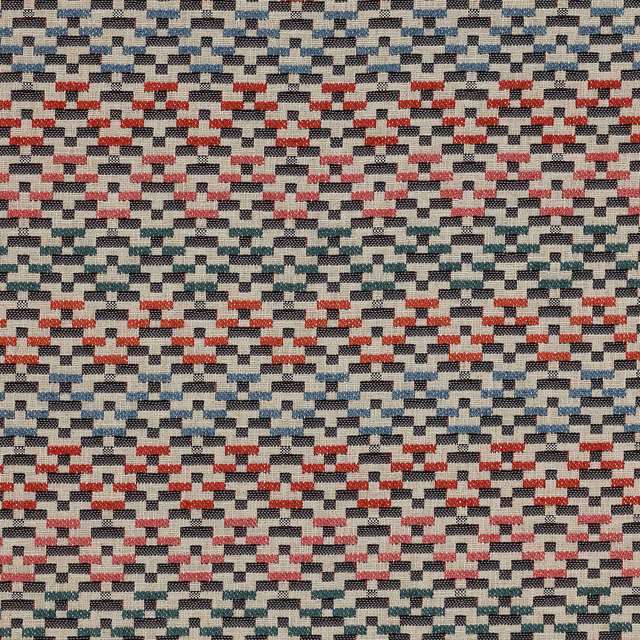 Small geometric woven fabric in red, blue, teal and charcoal on a pale ground