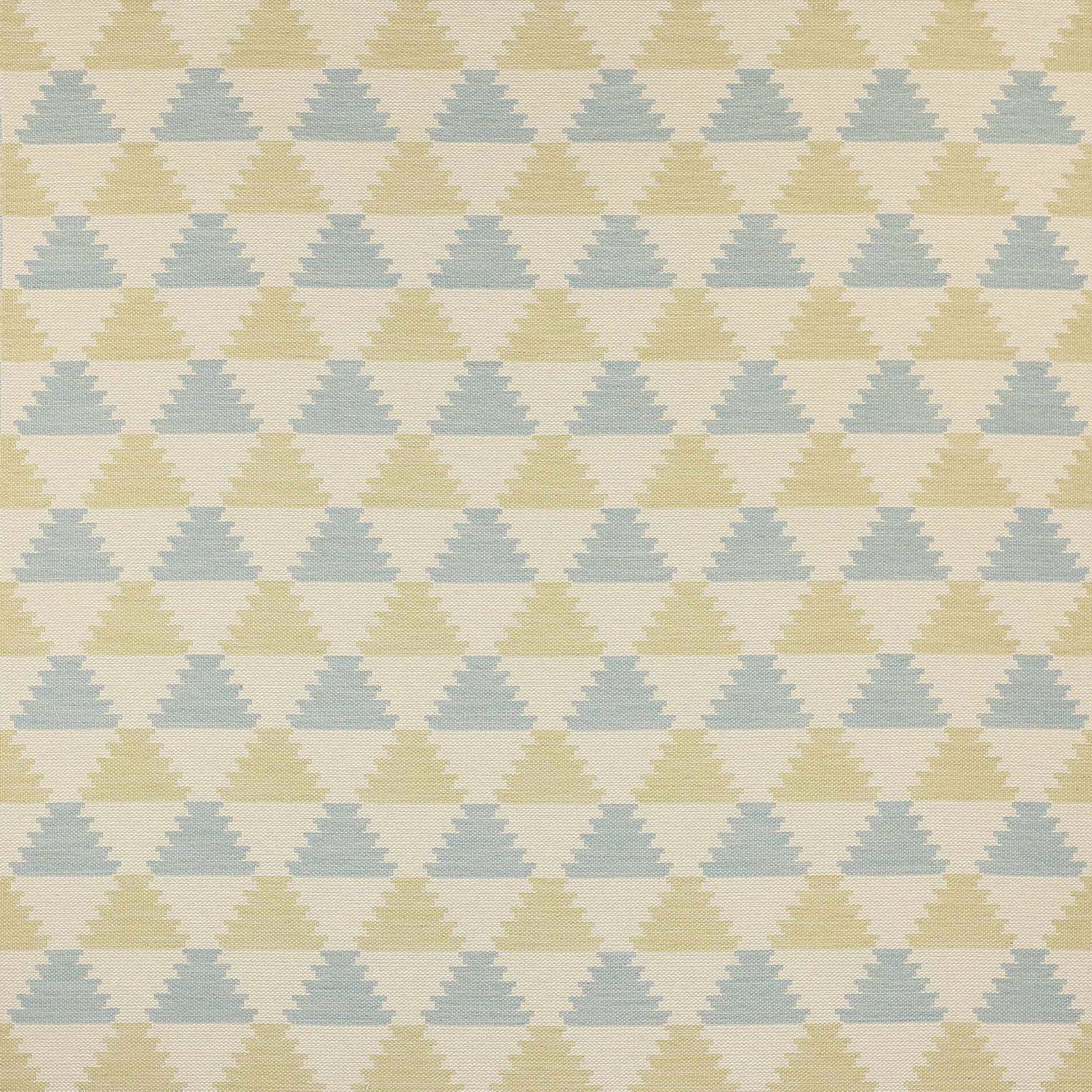 Pale aqua and soft yellow-green geometric woven fabric with stepped triangle motifs