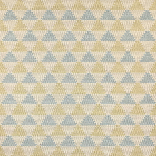 Pale aqua and soft yellow-green geometric woven fabric with stepped triangle motifs