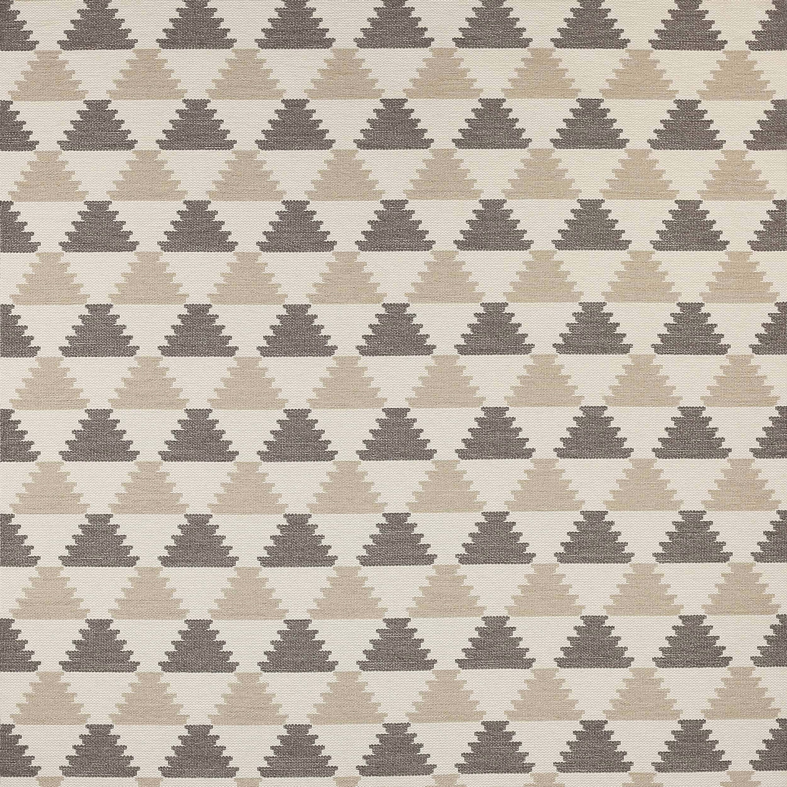 Close-up of a taupe and stone geometric fabric with stepped triangle rows