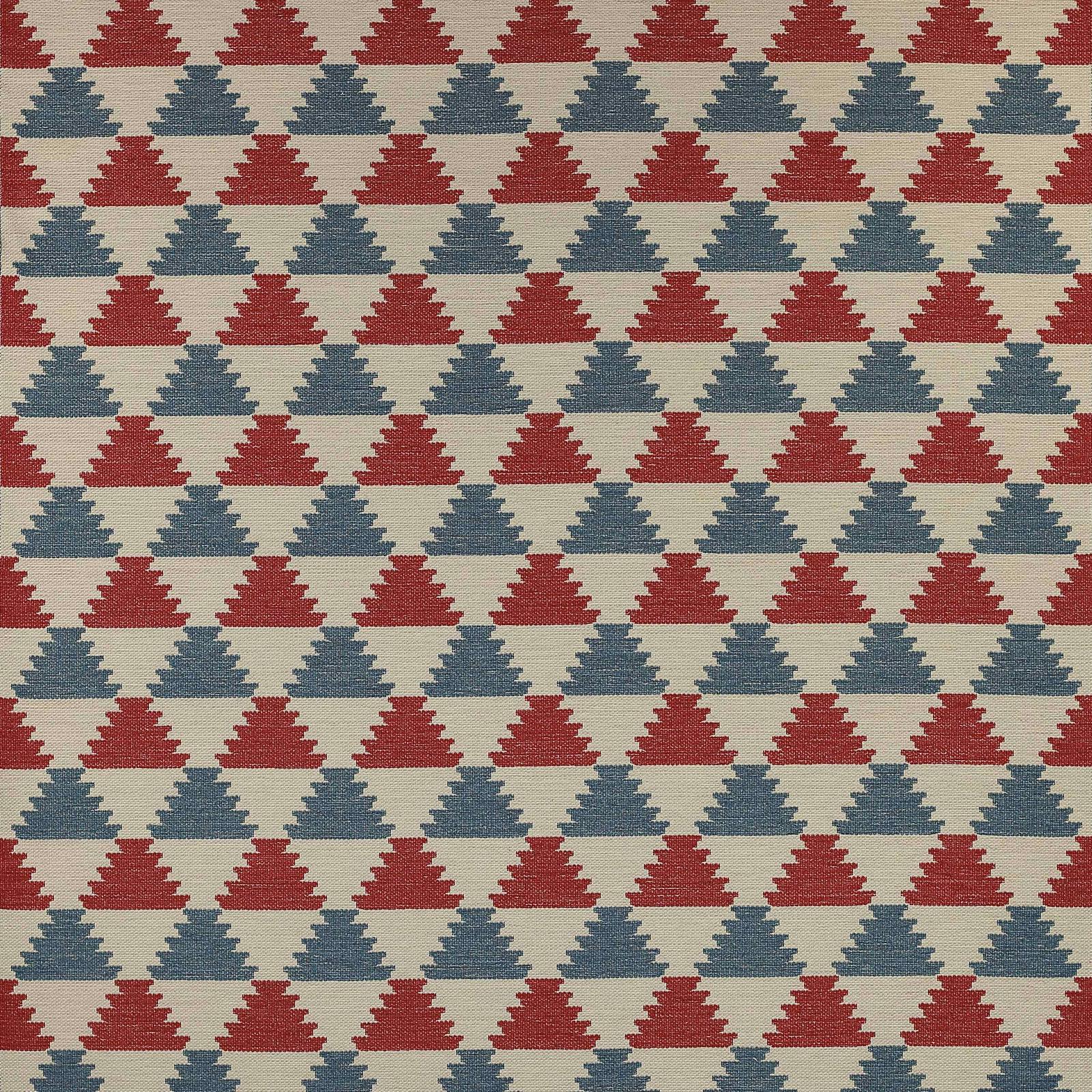 Cream fabric with rows of small red and blue triangular geometric motifs