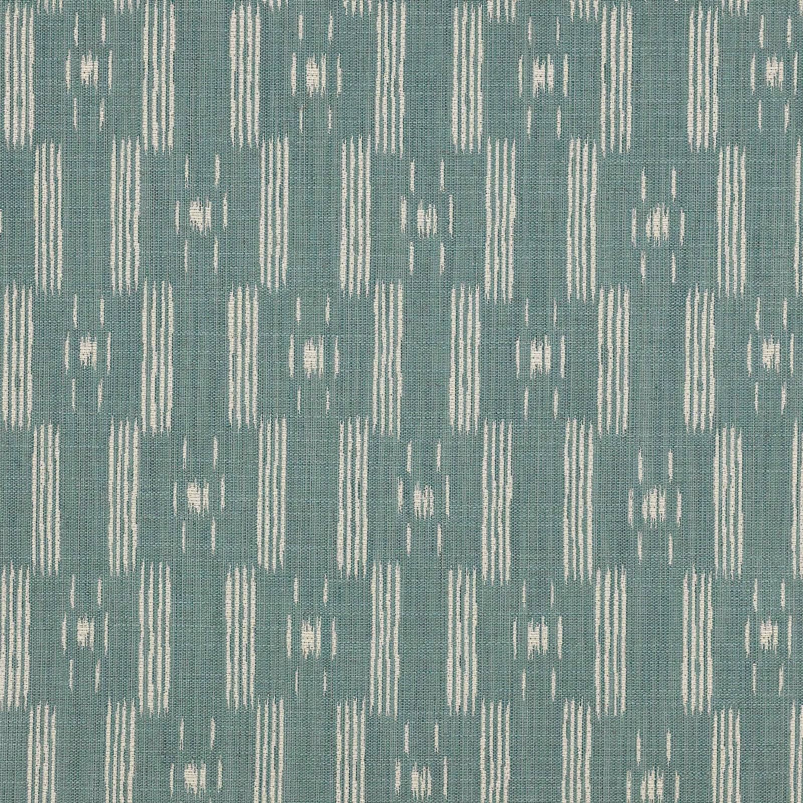 Aqua teal woven fabric with ivory ikat-style vertical geometric motifs