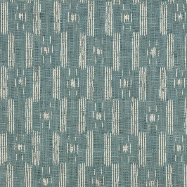 Aqua teal woven fabric with ivory ikat-style vertical geometric motifs