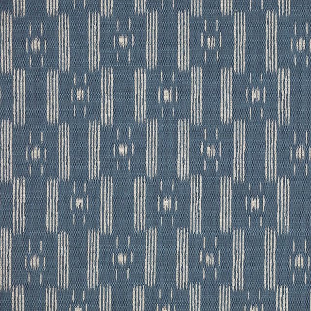 Blue woven geometric fabric with ivory vertical bars and small broken motifs