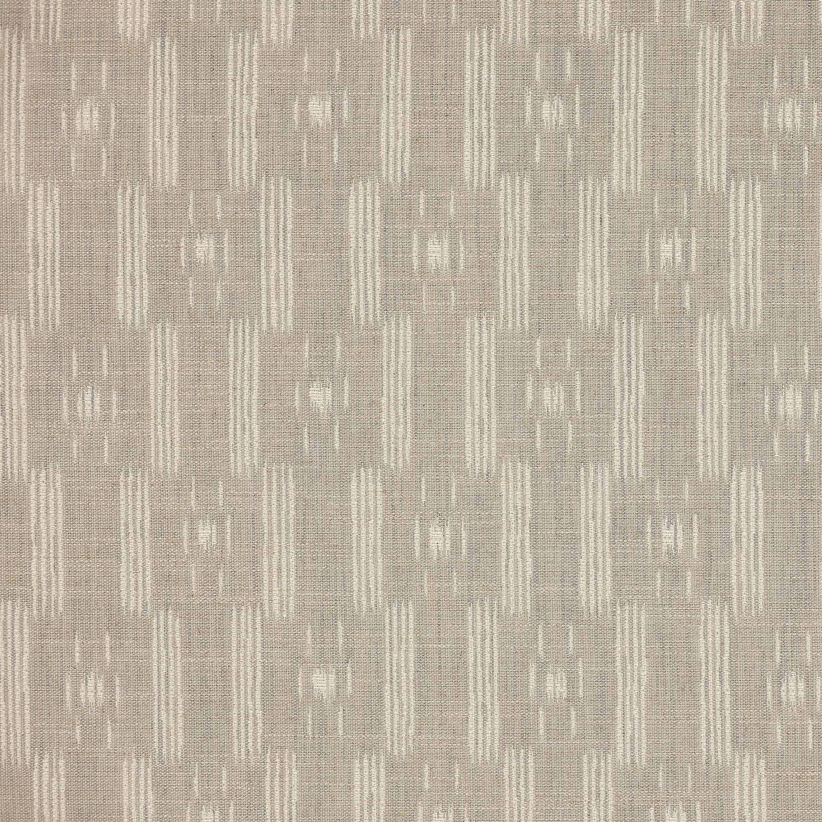 Soft grey woven fabric with ivory vertical striations and small geometric accents