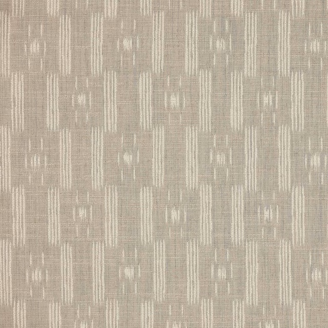 Soft grey woven fabric with ivory vertical striations and small geometric accents