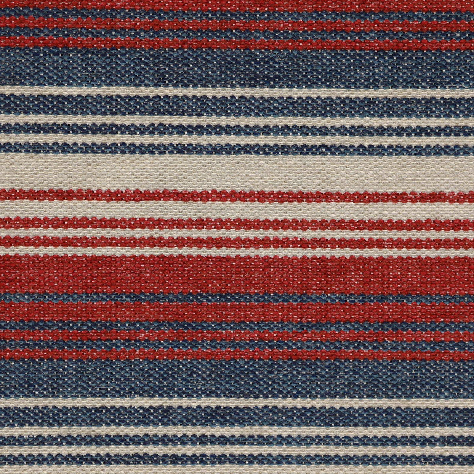 Striped woven fabric in brick red, denim blue and cream with textured surface