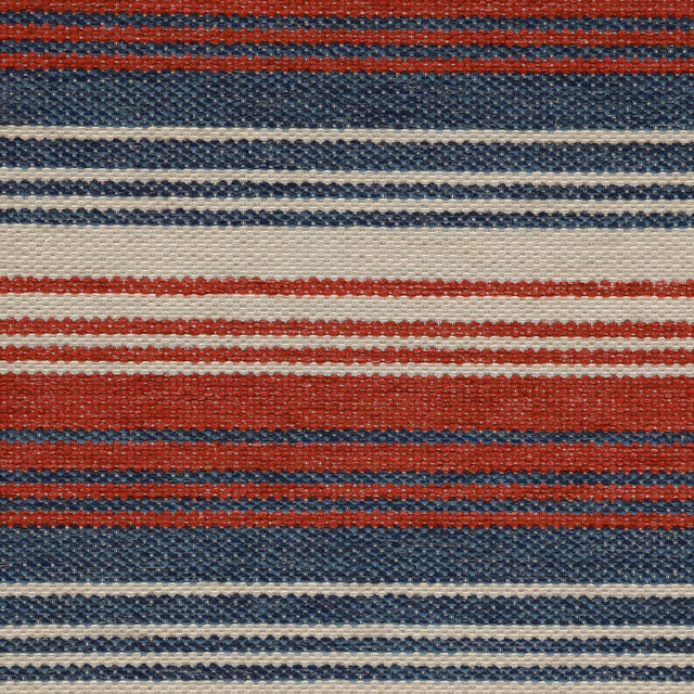 Striped woven fabric in brick red, denim blue and cream with textured surface