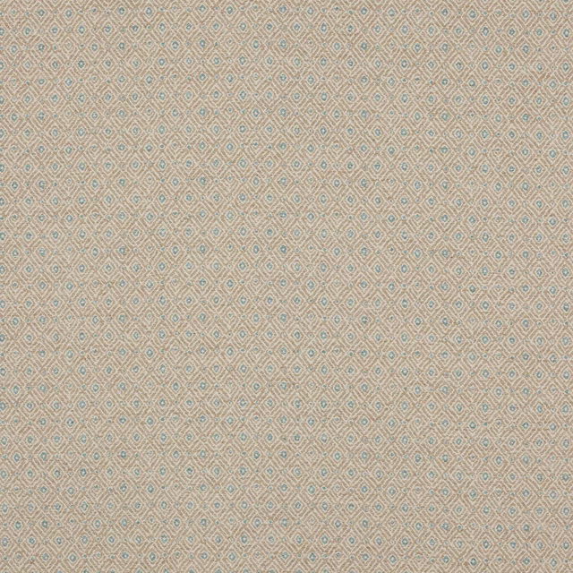 Beige woven fabric with tiny diamond pattern and pale blue-green centres