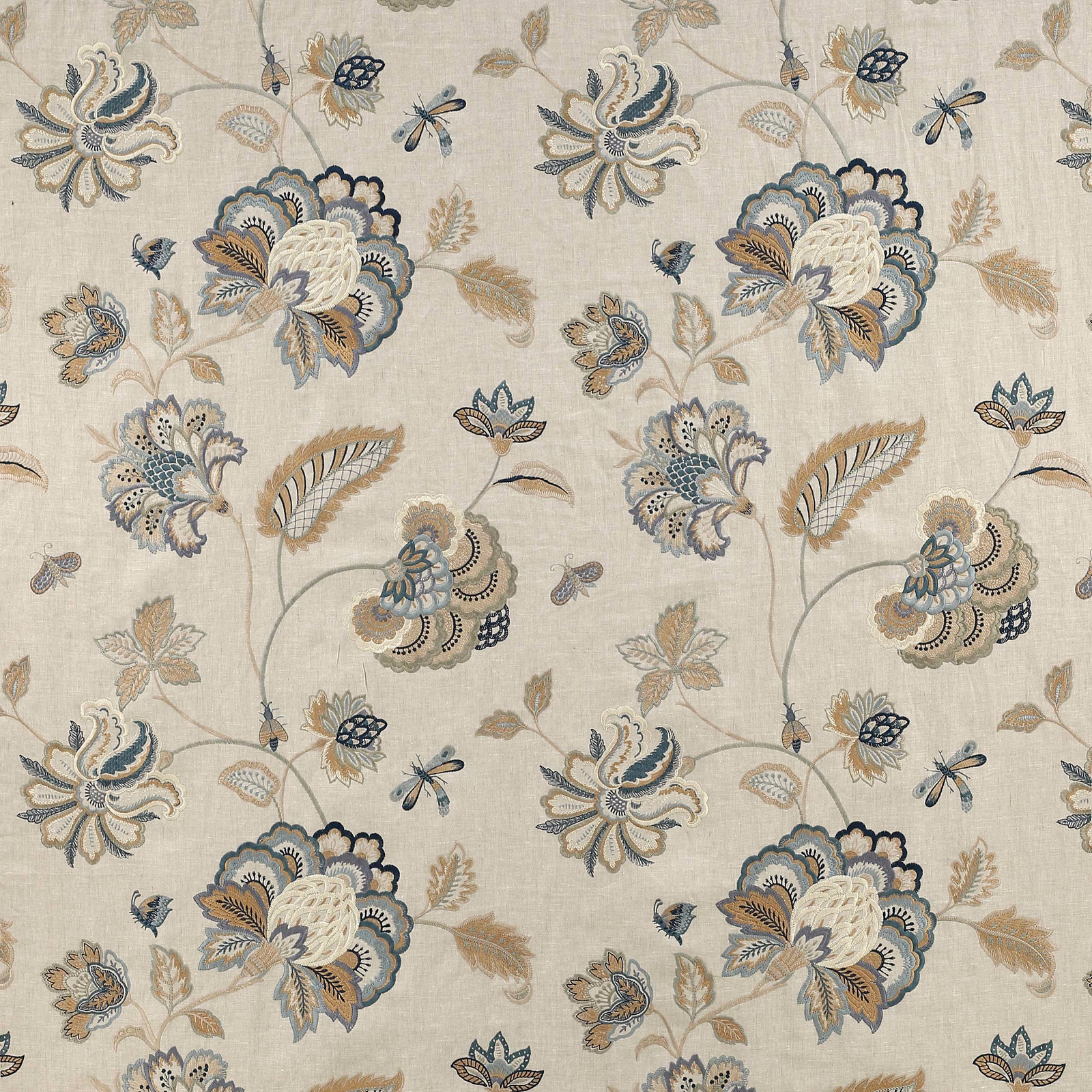 Pale floral patterned fabric with soft blue, beige and cream motifs on a linen-look ground