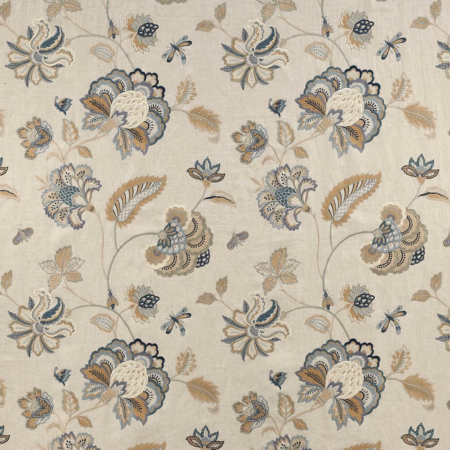 Pale floral patterned fabric with soft blue, beige and cream motifs on a linen-look ground