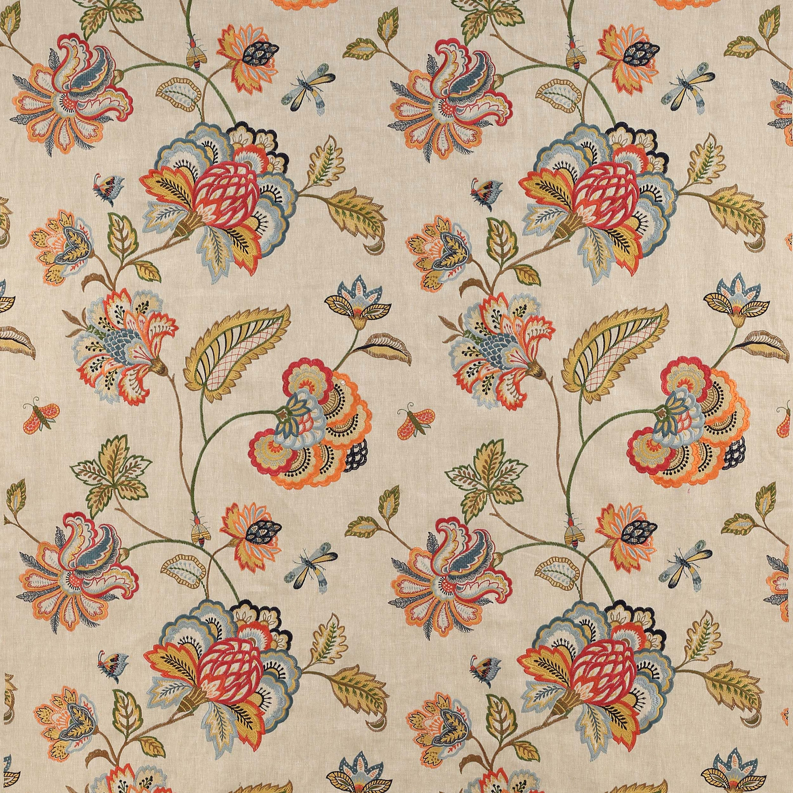 Cream floral linen-blend fabric with multicoloured trailing botanical motif