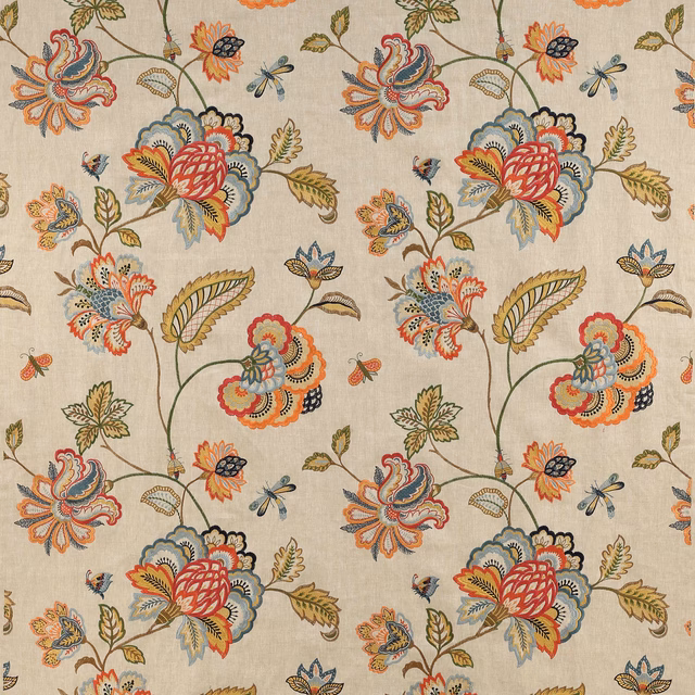Cream floral linen-blend fabric with multicoloured trailing botanical motif