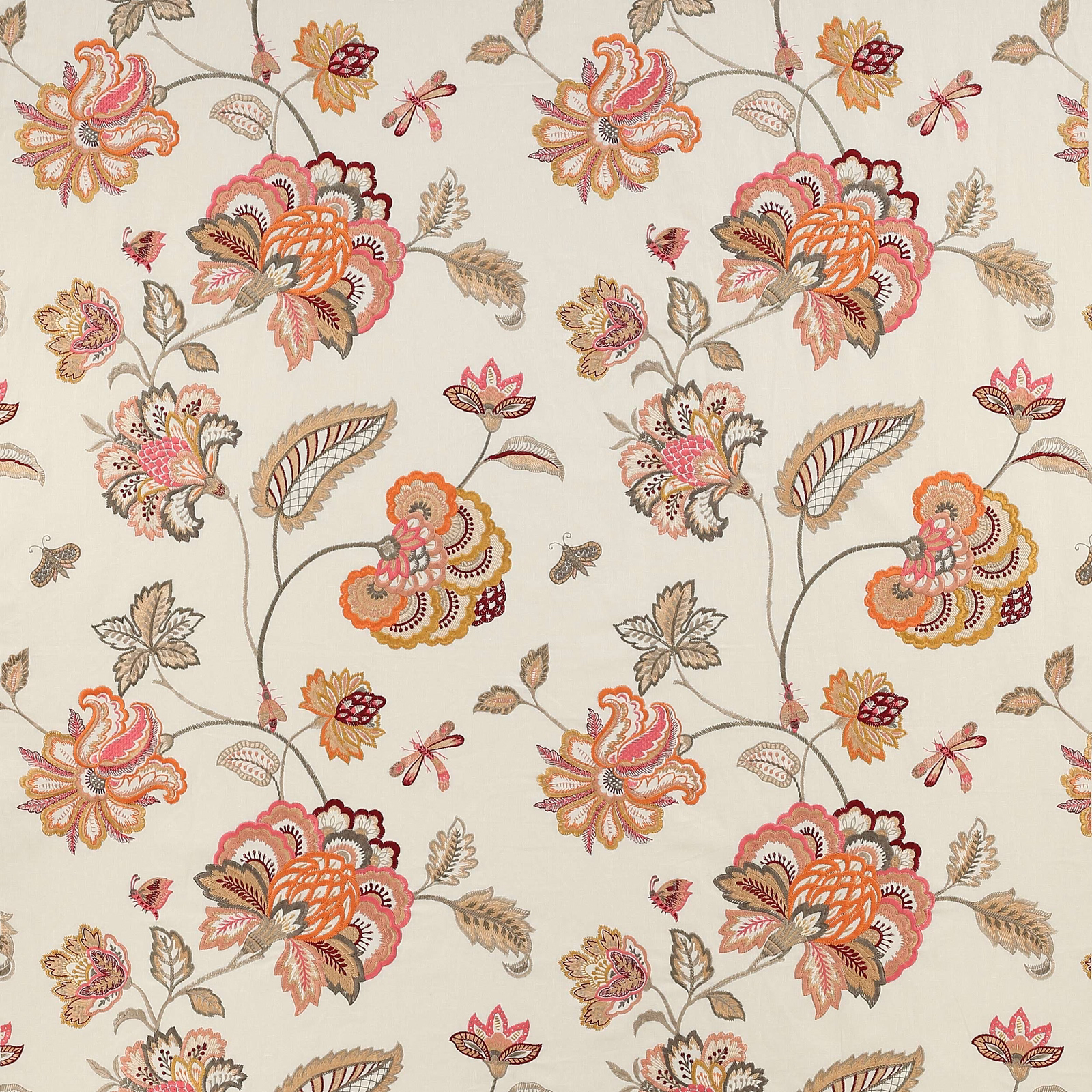 Cream fabric swatch with large trailing floral motifs in tomato orange, blush and taupe