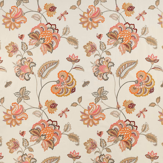 Cream fabric swatch with large trailing floral motifs in tomato orange, blush and taupe