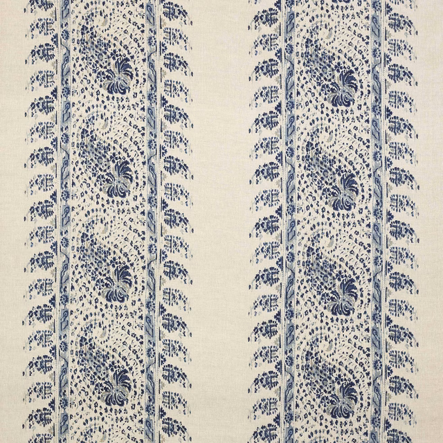 Ivory linen swatch with vertical navy striped floral pattern