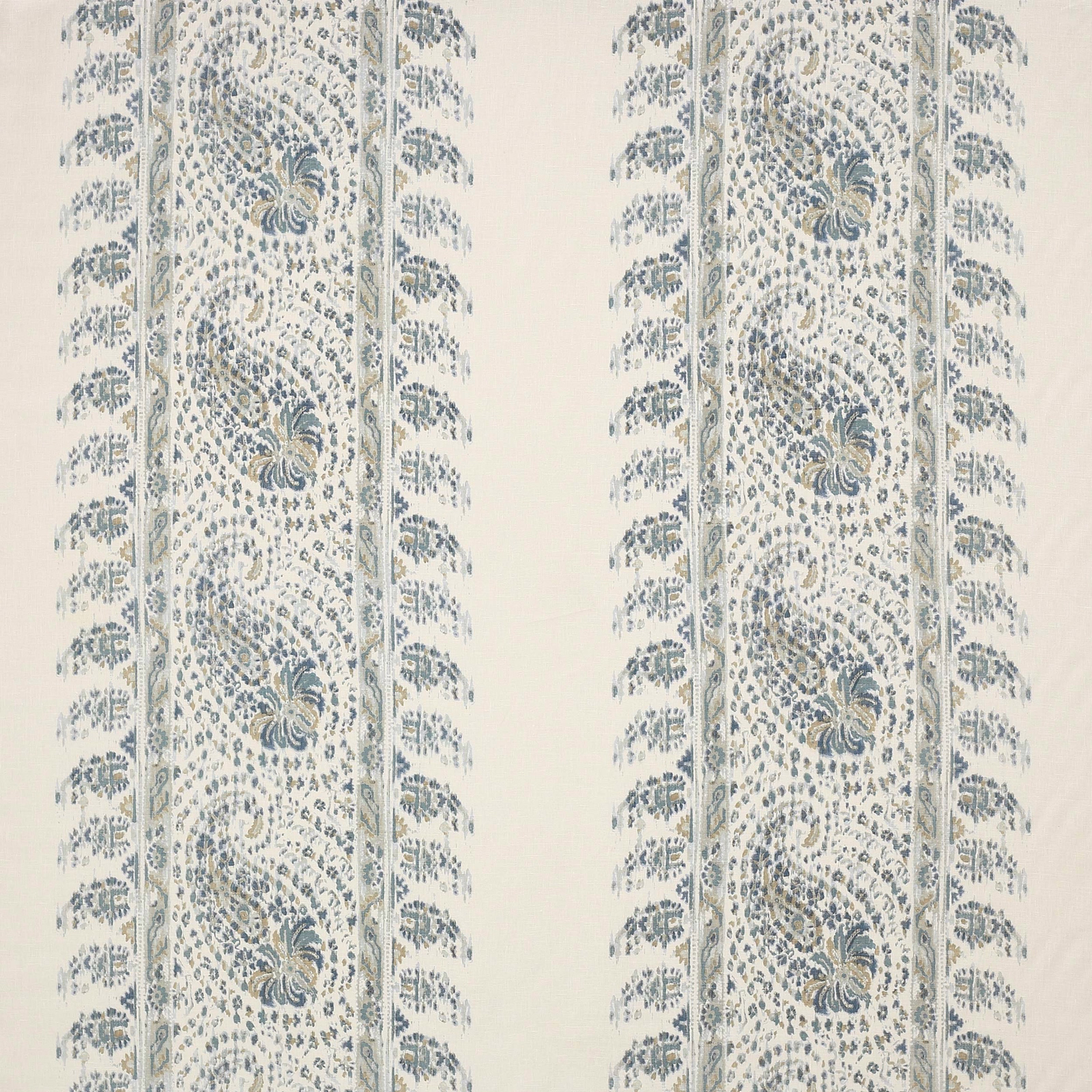 Photograph of a soft old blue and cream striped linen fabric with trailing paisley motifs