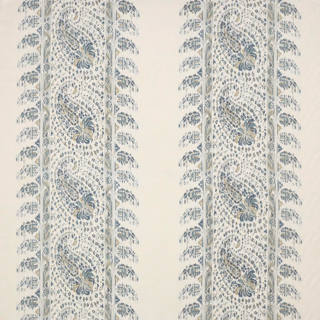 Photograph of a soft old blue and cream striped linen fabric with trailing paisley motifs
