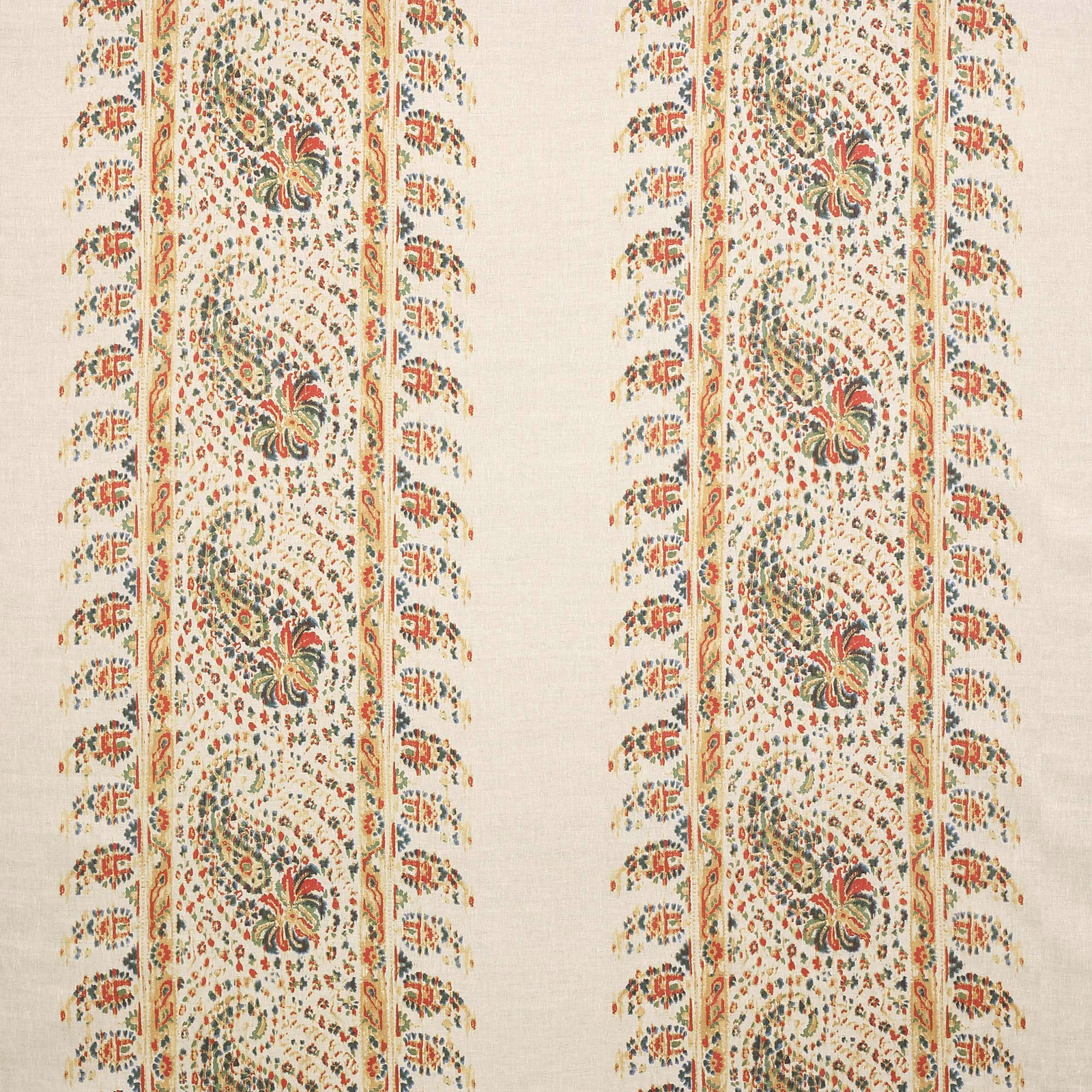 Cream linen fabric with vertical floral stripes in rust red and forest green