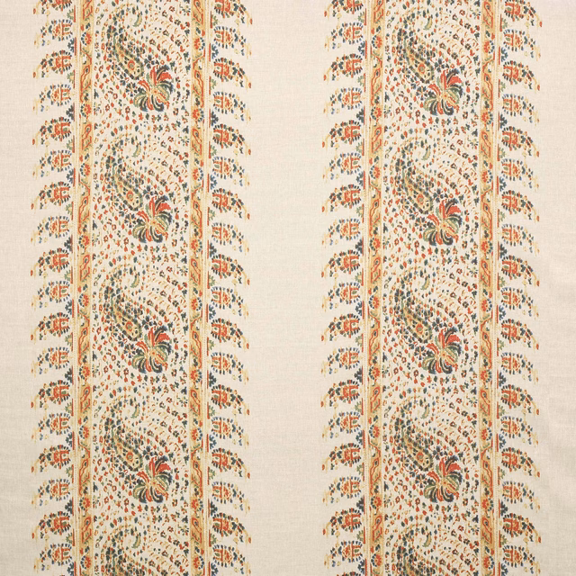 Cream linen fabric with vertical floral stripes in rust red and forest green