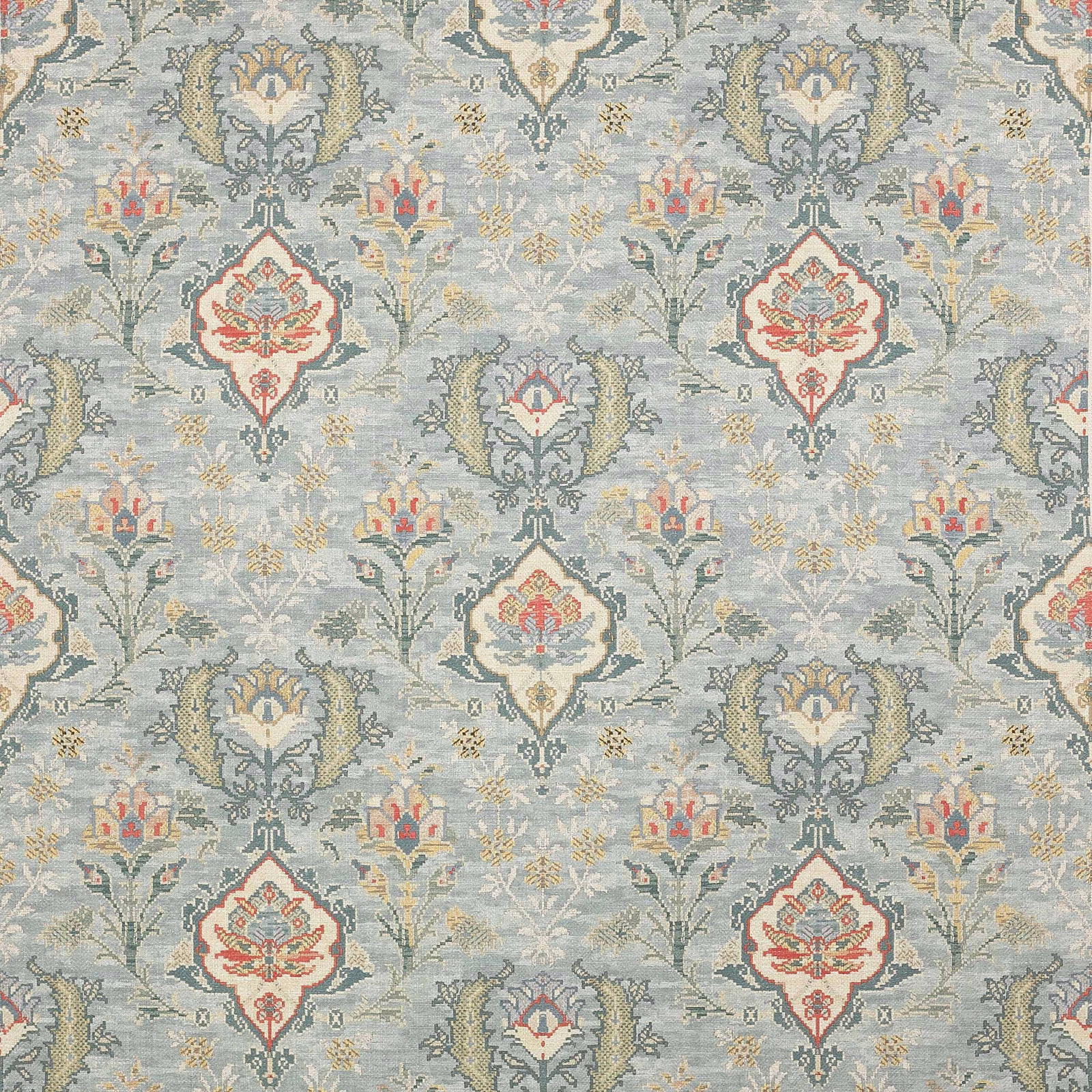 Aqua floral damask fabric with coral and sage motifs on a pale blue ground