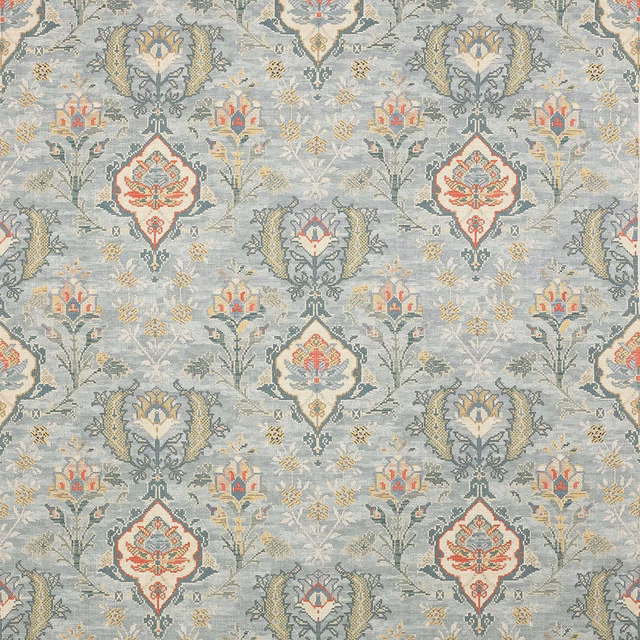 Aqua floral damask fabric with coral and sage motifs on a pale blue ground
