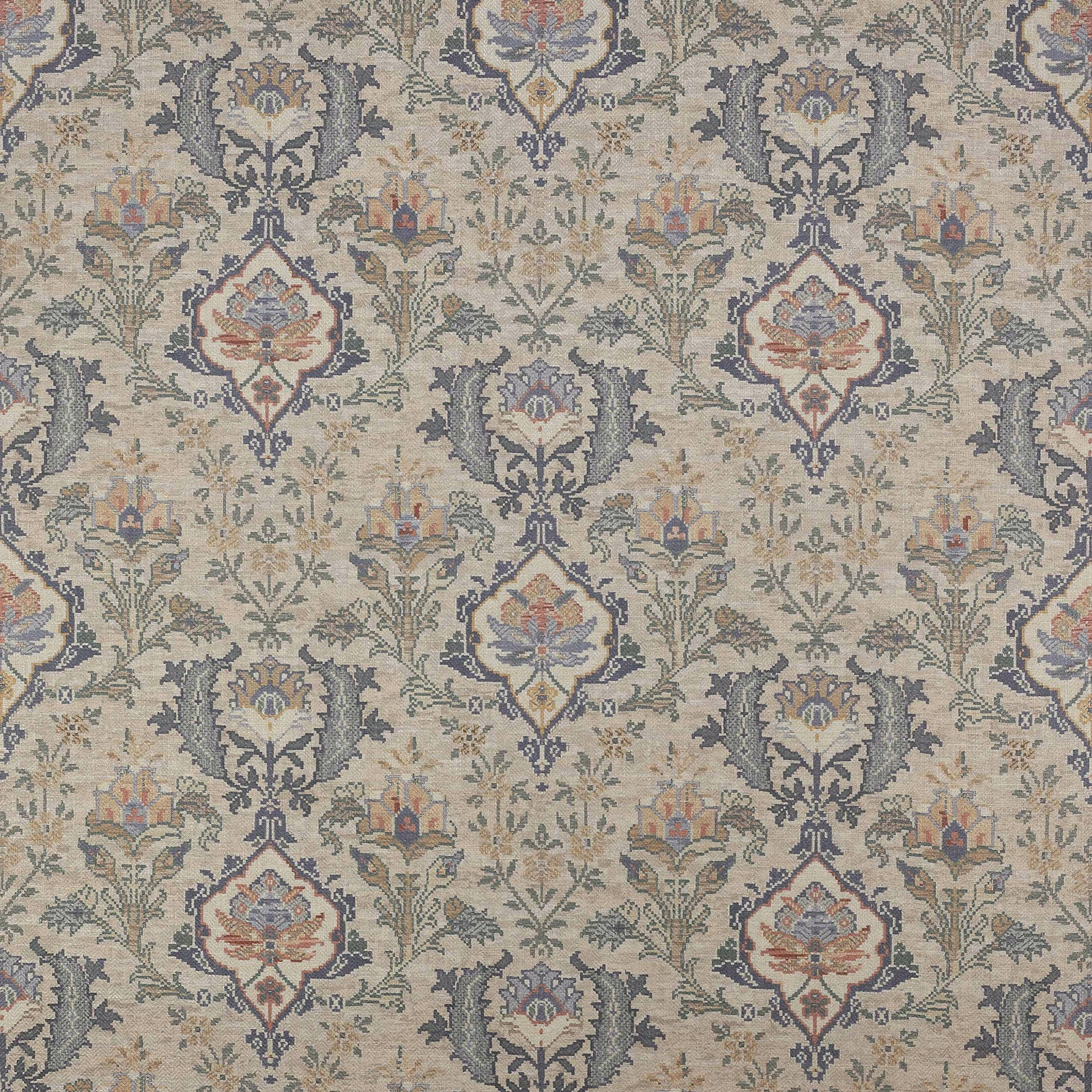 Beige damask fabric with blue-grey outlines and muted terracotta accents