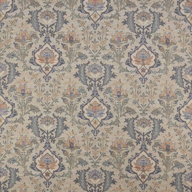 Beige damask fabric with blue-grey outlines and muted terracotta accents