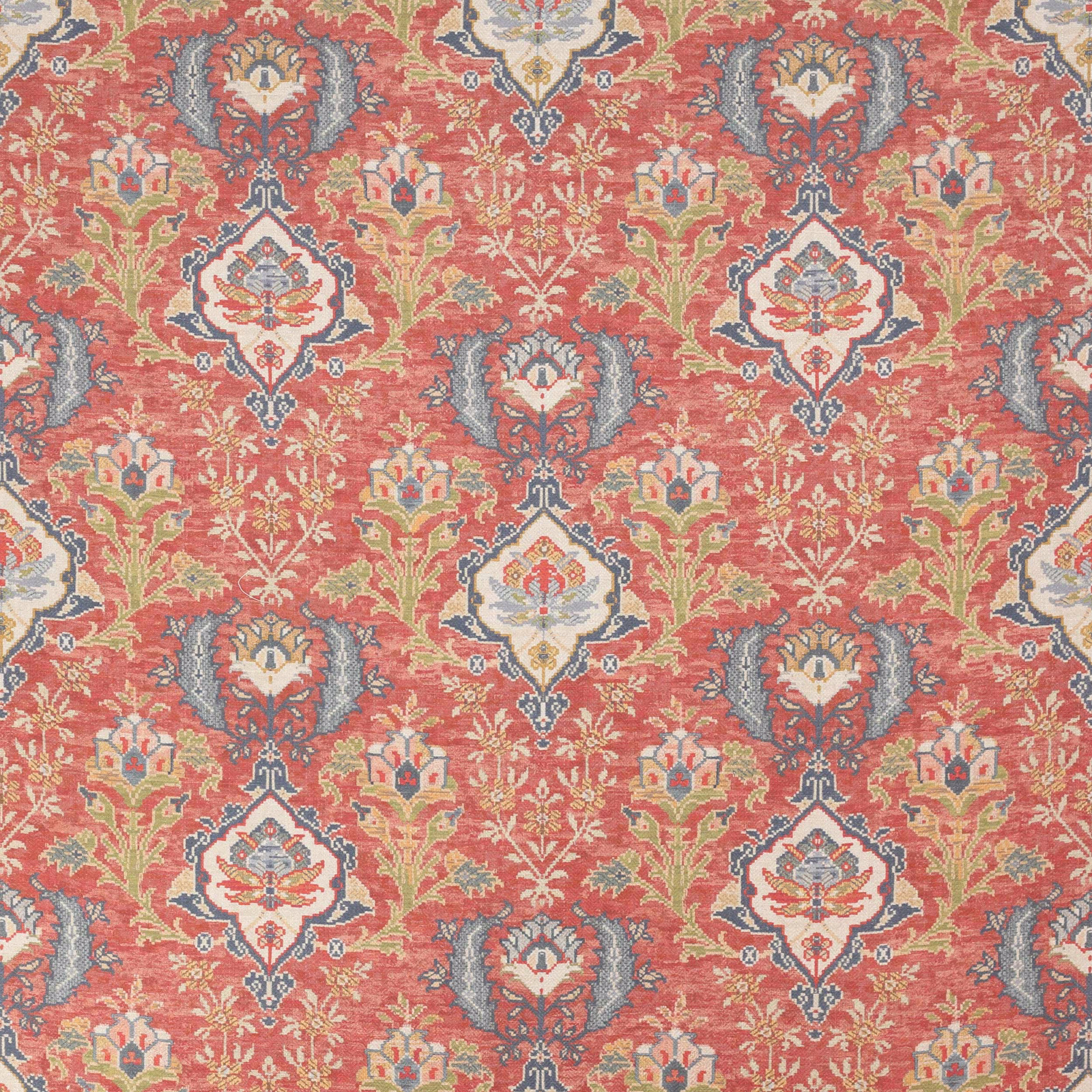 Coral red floral patterned fabric with cream, blue-grey and green medallions
