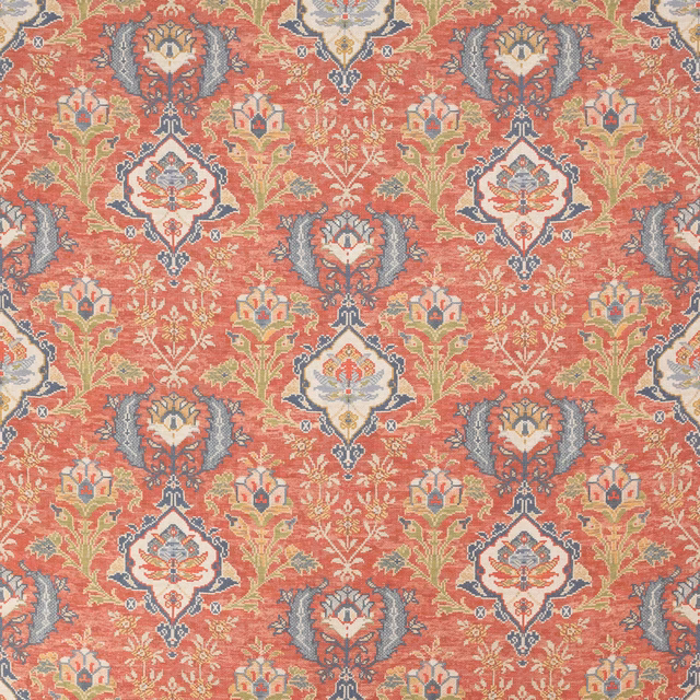 Coral red floral patterned fabric with cream, blue-grey and green medallions