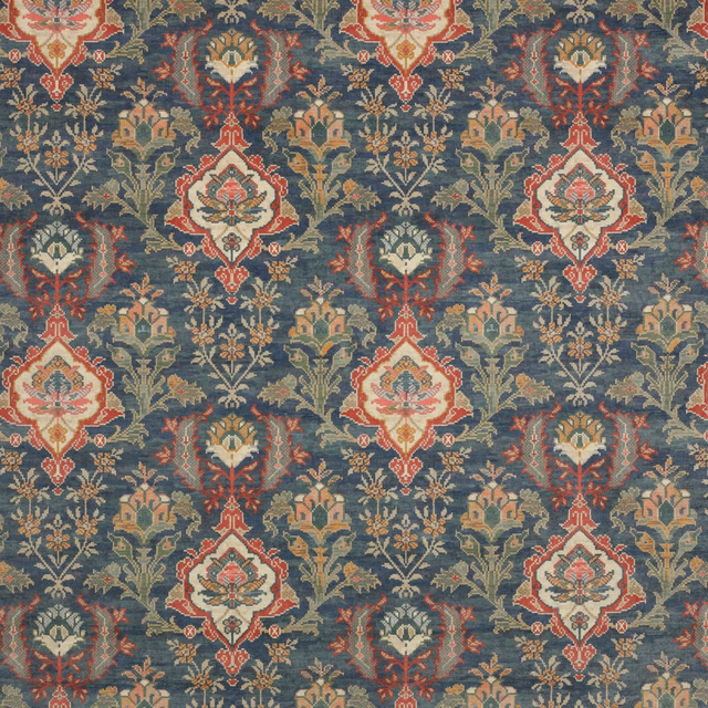 Navy velvet fabric with repeated floral motifs in cream, red, green and gold