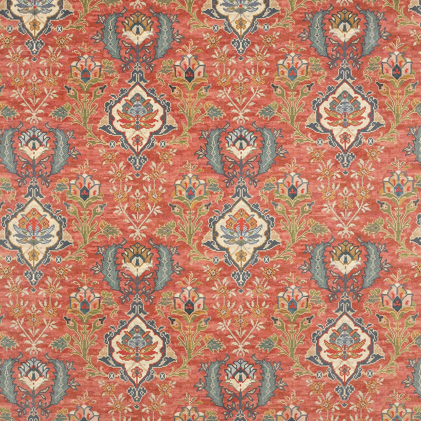 Coral-red patterned velvet with cream, teal and gold floral motifs