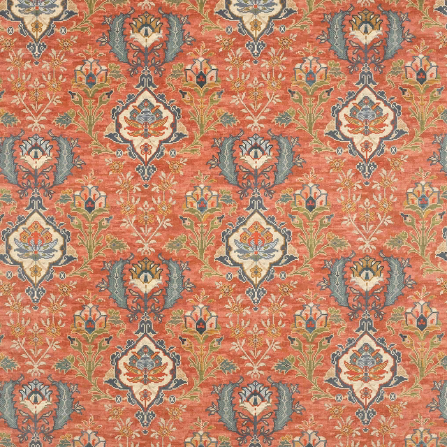 Coral-red patterned velvet with cream, teal and gold floral motifs