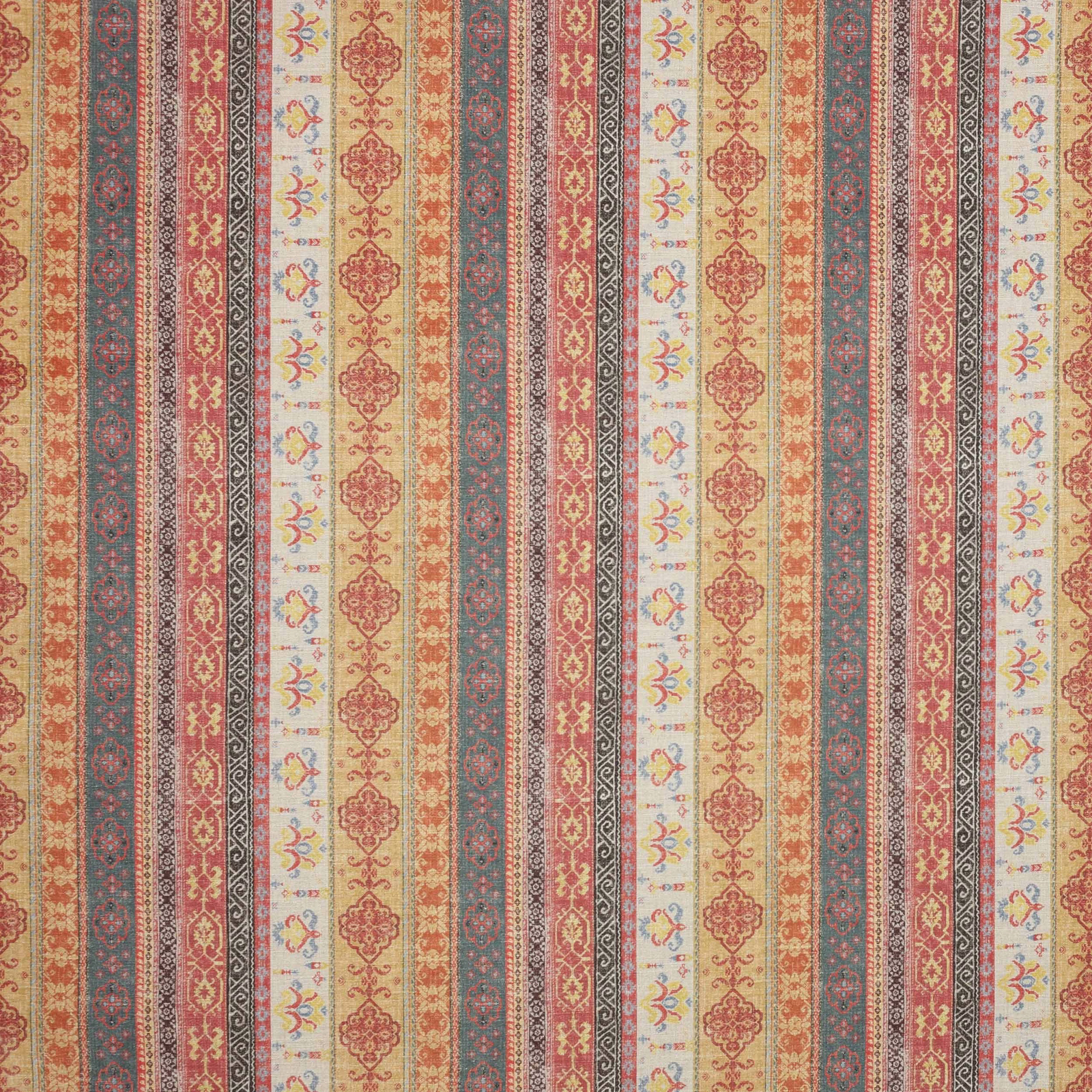 Vertical striped fabric with coral, teal, cream and gold ornamental bands