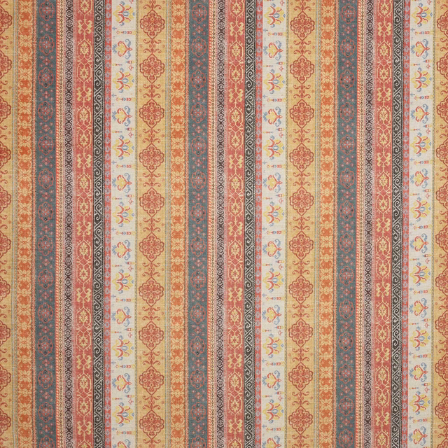 Vertical striped fabric with coral, teal, cream and gold ornamental bands