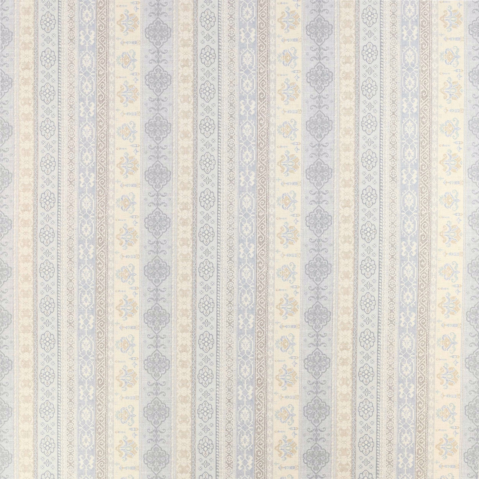 Vertical striped fabric swatch in soft old blue, cream and pale gold with damask motifs
