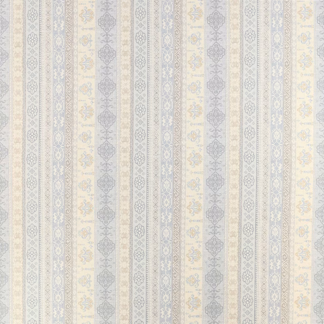 Vertical striped fabric swatch in soft old blue, cream and pale gold with damask motifs