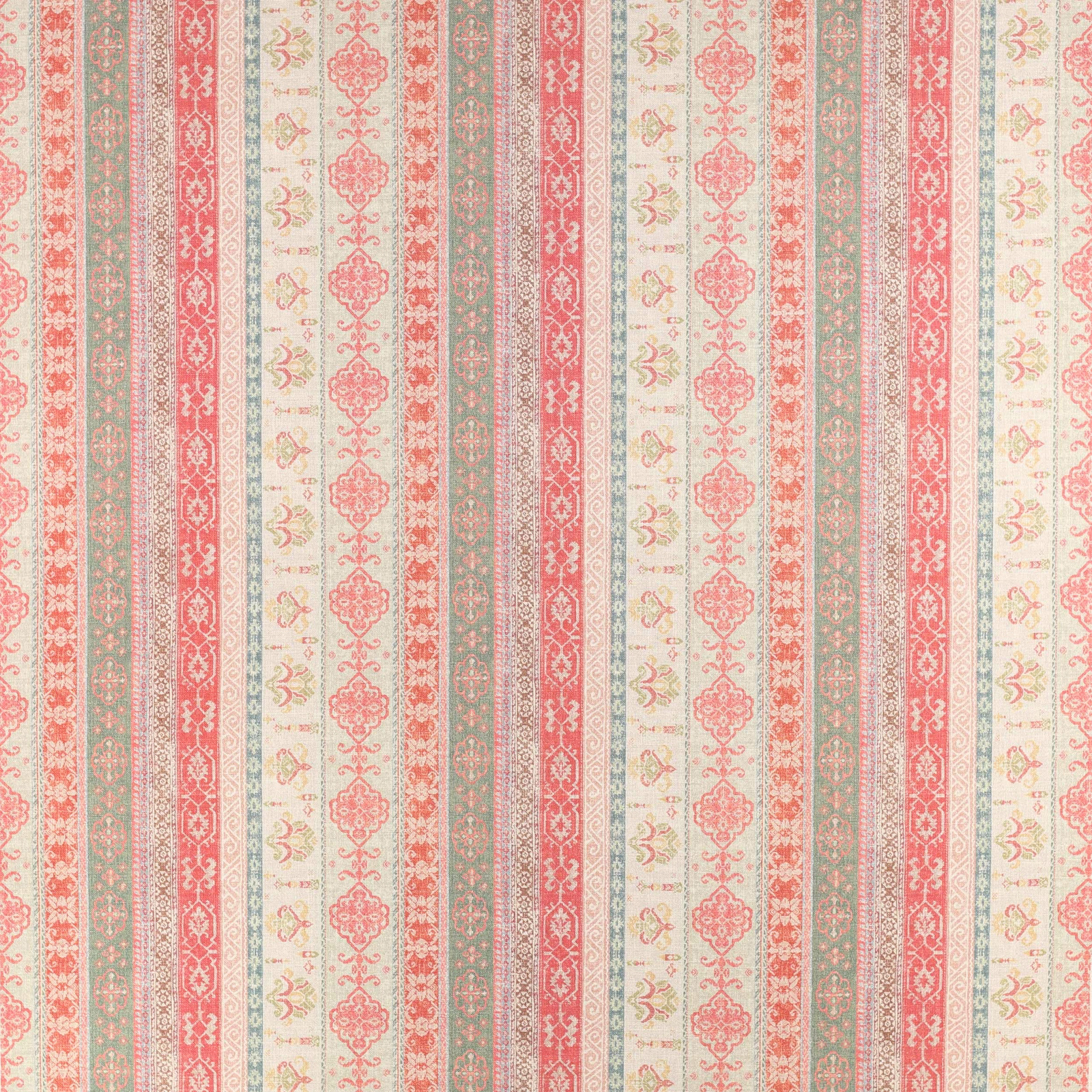 Vertical stripe fabric in coral red, sage green and cream with small decorative motifs
