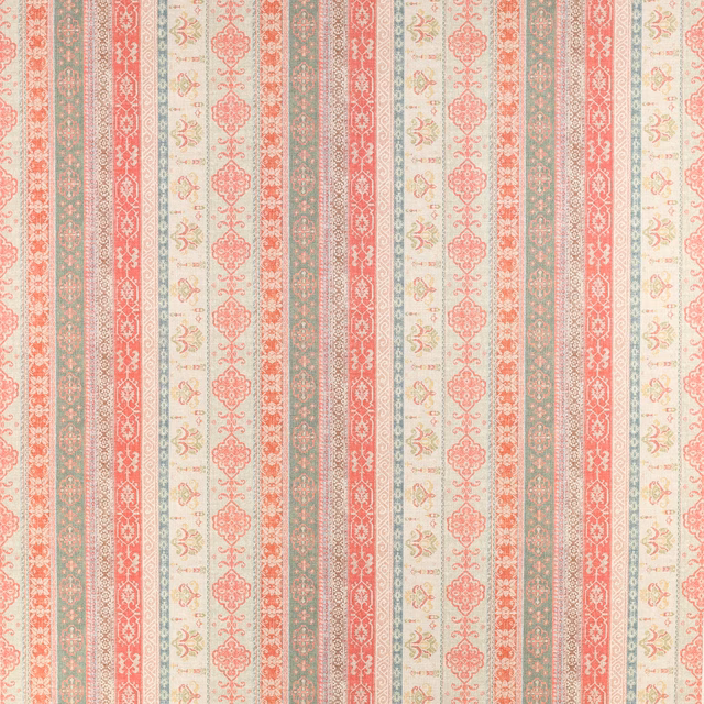 Vertical stripe fabric in coral red, sage green and cream with small decorative motifs