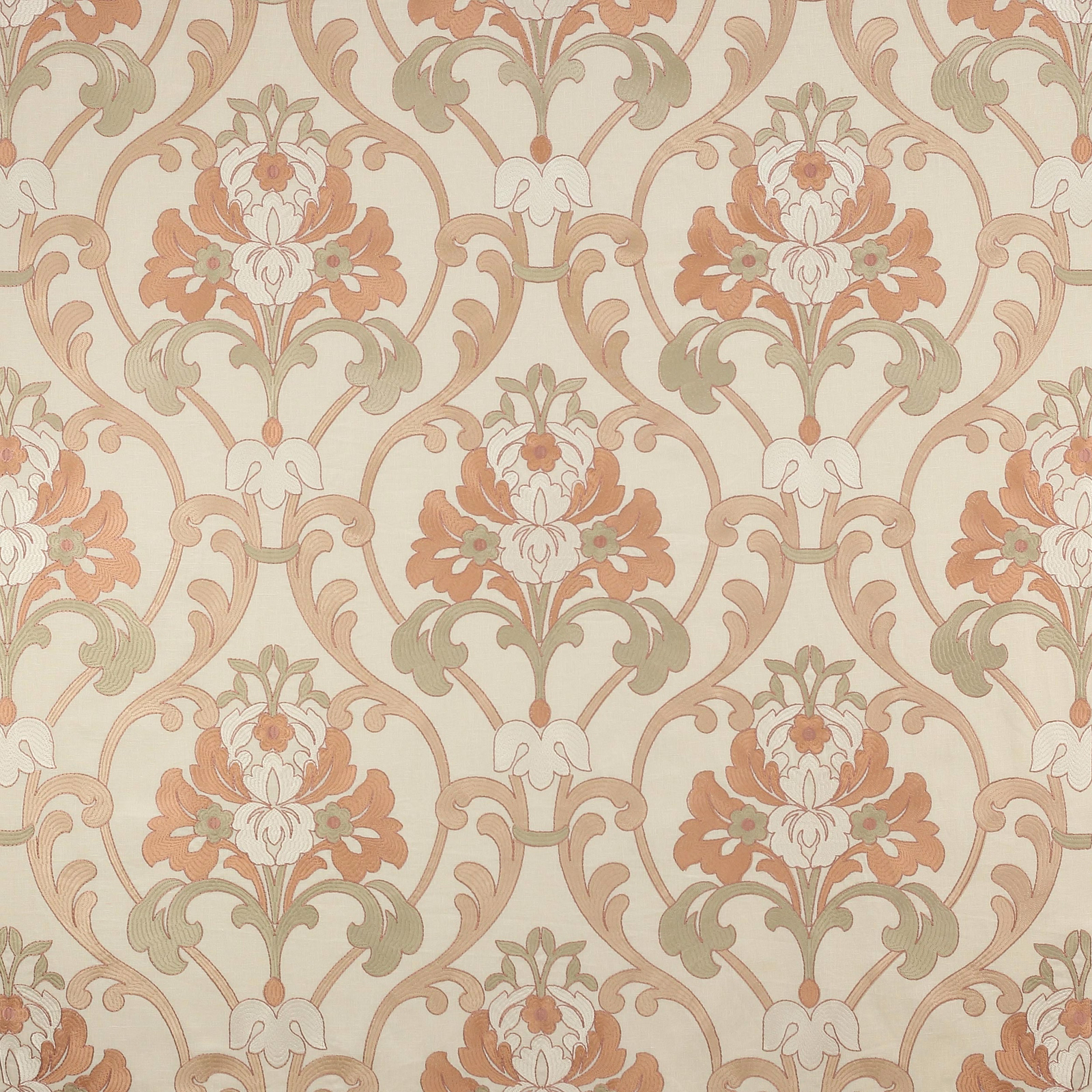 Cream fabric swatch with large scrolling floral pattern in antique rose, sage and ivory