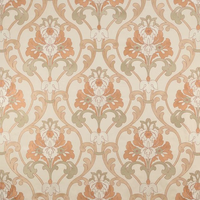 Cream fabric swatch with large scrolling floral pattern in antique rose, sage and ivory