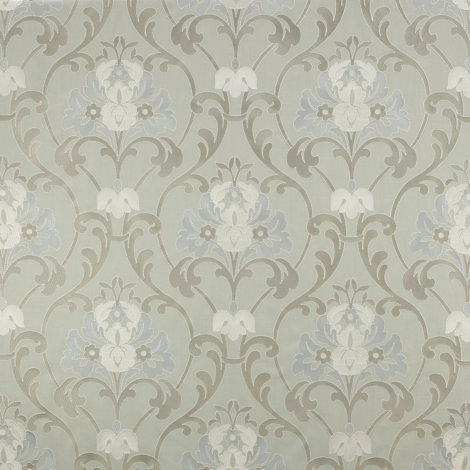 Pale aqua damask fabric with ivory floral motifs and taupe scrollwork