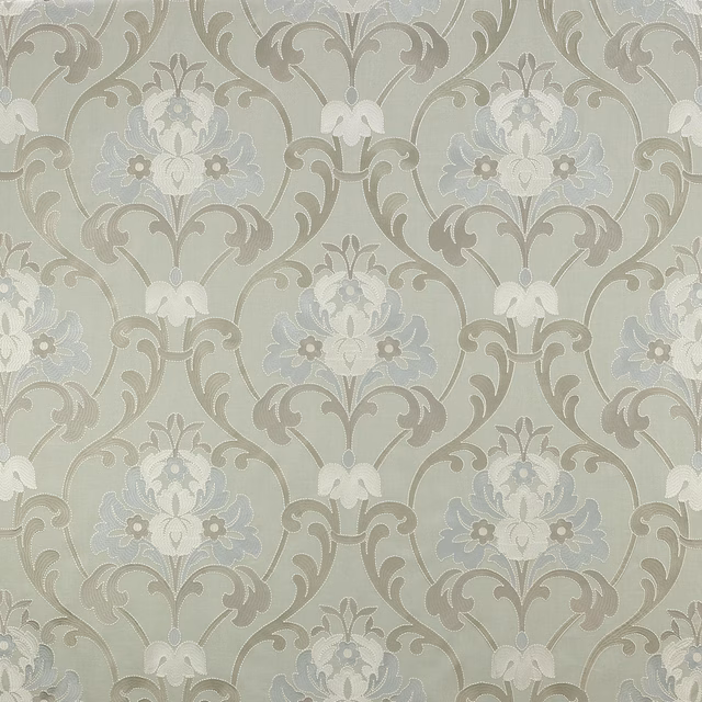 Pale aqua damask fabric with ivory floral motifs and taupe scrollwork