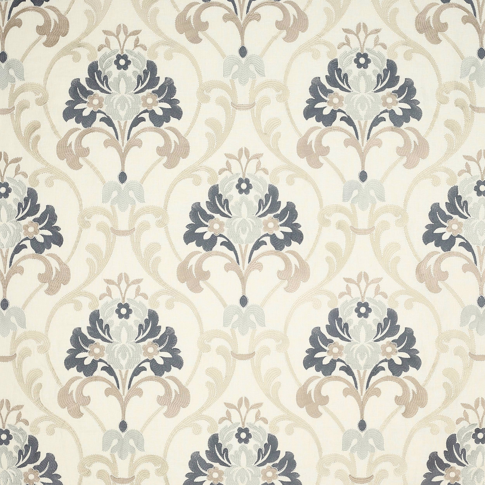Pale damask fabric with soft blue floral motifs and taupe scrollwork on cream ground